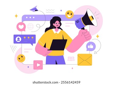 Public Relations Vector Illustration featuring a Team Developing Marketing Campaign Ideas Through Mass Media to Advertise Your Business in Background