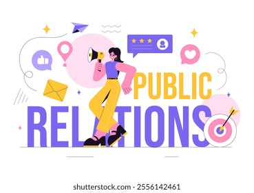 Public Relations Vector Illustration featuring a Team Developing Marketing Campaign Ideas Through Mass Media to Advertise Your Business in Background