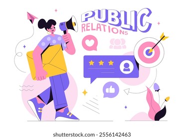 Public Relations Vector Illustration featuring a Team Developing Marketing Campaign Ideas Through Mass Media to Advertise Your Business in Background