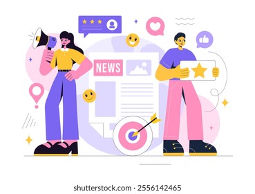 Public Relations Vector Illustration featuring a Team Developing Marketing Campaign Ideas Through Mass Media to Advertise Your Business in Background