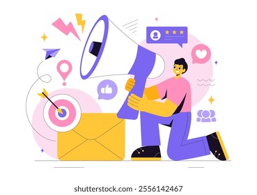 Public Relations Vector Illustration featuring a Team Developing Marketing Campaign Ideas Through Mass Media to Advertise Your Business in Background