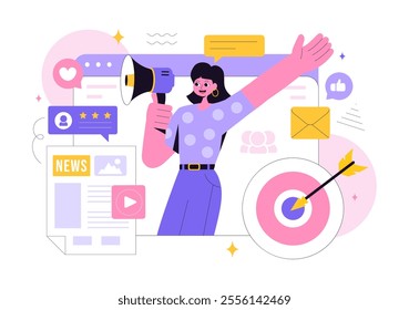 Public Relations Vector Illustration featuring a Team Developing Marketing Campaign Ideas Through Mass Media to Advertise Your Business in Background