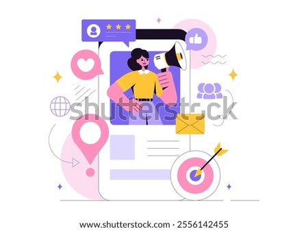 Public Relations Vector Illustration featuring a Team Developing Marketing Campaign Ideas Through Mass Media to Advertise Your Business in Background