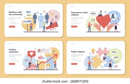 Webbanner für Öffentlichkeitsarbeit oder Landing Page Set. Idee von Markenwerbung, Aufbau von Beziehungen zu Kunden. Erhaltung des Markenimages. Flache Vektorgrafik