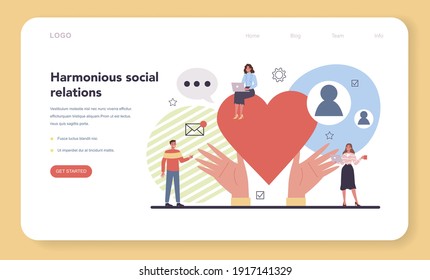Public relations web banner or landing page. Idea of brand advertising, building relationships with customer. Maintenance of the brand reputation. Flat vector illustration