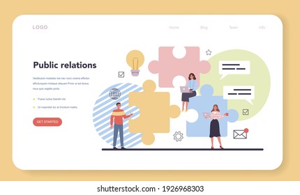 Public relations web banner or landing page. Idea of brand advertising, building relationships with customer. Maintenance of the brand reputation. Flat vector illustration