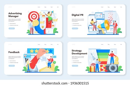 Public relations web banner or landing page set. Idea of making announcements