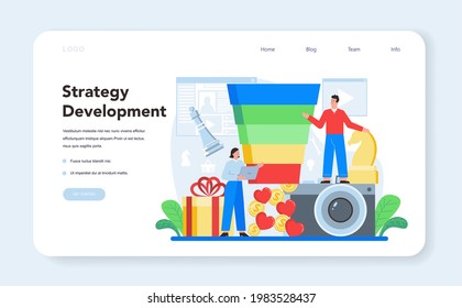 Public relations web banner or landing page. Idea of making announcements through mass media to advertise business. Strategy development and customer feedback. Flat vector illustration