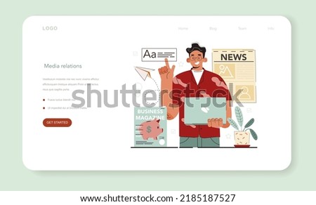 Public relations web banner or landing page. Specialist developing commercial brand advertising, building relationships with customer. Mass media support of the business. Flat vector illustration