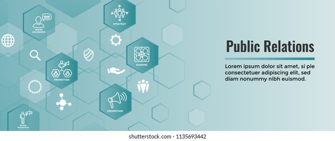 Public Relations Web Header Banner and Icon Set w brand awareness, strategy, and promotion