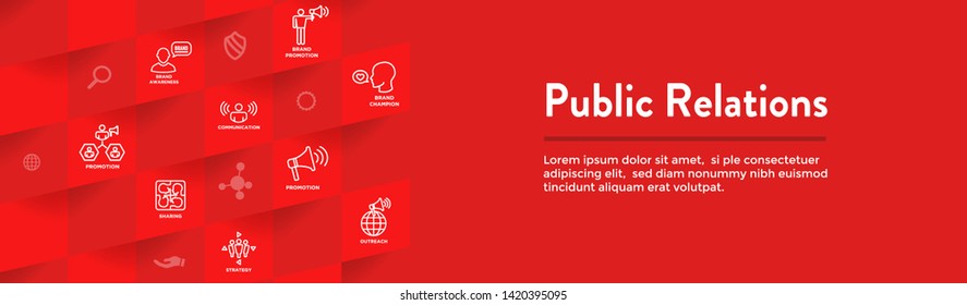 Public Relations Web Header Banner and Icon Set w brand awareness, strategy, and promotion