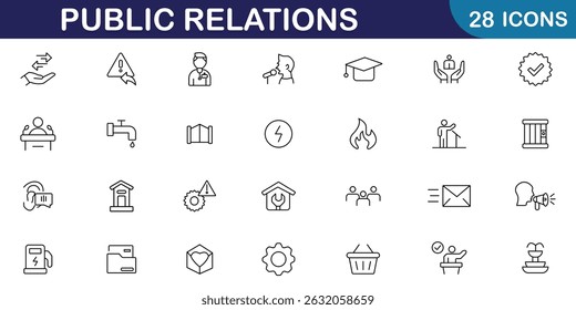 Ícone da Web de relações públicas definido no estilo de linha. Contendo negócios de design, gerenciamento, mídias sociais, notícias, relações públicas, ícones corporativos e de processo. Ilustração vetorial. eps 10