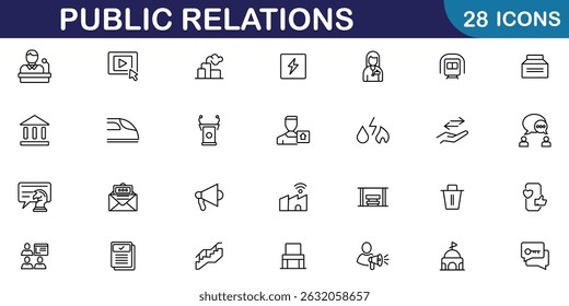 Ícones da Web de relações públicas em estilo de linha. Contendo design business, relações públicas, mídia social, gerenciamento, notícias, corporativos e conjunto de ícones de processo. Ilustração vetorial.