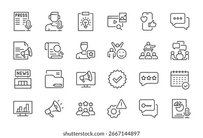 Public Relations Web-Symbole im Linienstil. Social Media, Interview, Ruf, Presse, Feedback, Planung, Nachrichten, Sammlung. Vektorgrafik.