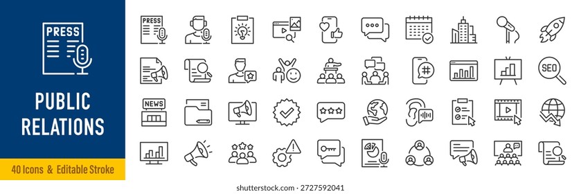 Iconos web de relaciones públicas en estilo de línea. Medios sociales, entrevistas, reputación, prensa, Comentarios, planificación, noticias, colección. Trazo editable. Ilustración vectorial.