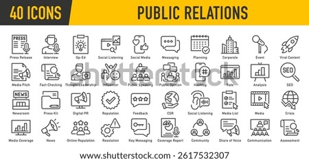 Public Relations web icons in line style. Social media, interview, reputation, press, feedback, planning, news, collection. Vector illustration.