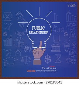 public relationsip. Hand point bublic relationship  with business icon on chalkboard.PR concept.vector illustration