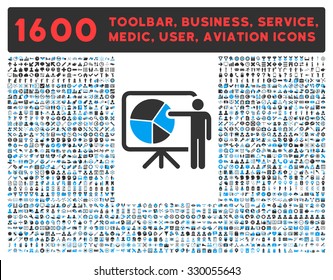 Public Report vector icon and 1600 other business, service tools, medical care, software toolbar, web interface pictograms. Style is bicolor flat symbols, blue and gray colors, rounded angles, white