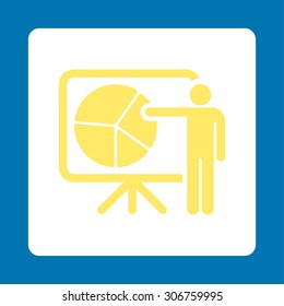 Public Report vector icon. This flat rounded square button uses yellow and white colors and isolated on a blue background.