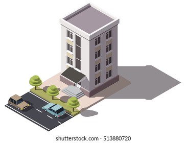 Public residential building isometry. Isometric view of the house and cars. 3D object for video games or real estate advertising. For Your business. Vetor Illustration