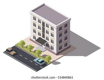 Public residential building isometry. Isometric view of the house and cars. 3D object for video games or real estate advertising. For Your business. Vetor Illustration