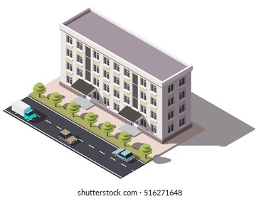 Public residential building isometry. Isometric view of the house and cars. 3D object for video games or real estate advertising. For Your business. Vetor Illustration