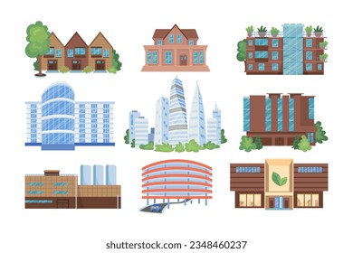Vektorgrafiken von öffentlichen Gebäuden und Wohngebäuden. Sammlung von Zeichnungen von Zeichnungen von Häusern, Geschäften oder Geschäften, städtischen Bauten, Wolkenkratzern. Architektur, Stadtleben, Immobilienkonzept