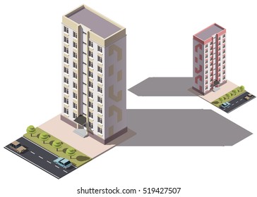 Public residential nine-storey building isometry. Isometric view of the house and cars. 3D object for video games or real estate advertising. For Your business. Vetor Illustration