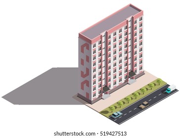 Public residential nine-storey building isometry. Isometric view of the house and cars. 3D object for video games or real estate advertising. For Your business. Vetor Illustration