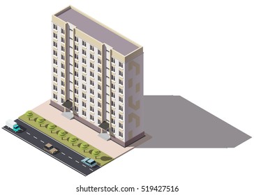 Public residential nine-storey building isometry. Isometric view of the house and cars. 3D object for video games or real estate advertising. For Your business. Vetor Illustration