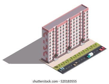 Public residential nine-storey building isometry. Isometric view of the house and cars. 3D object for video games or real estate advertising. For Your business. Vetor Illustration