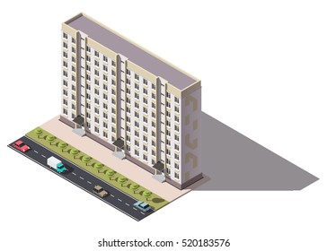 Public residential nine-storey building isometry. Isometric view of the house and cars. 3D object for video games or real estate advertising. For Your business. Vetor Illustration