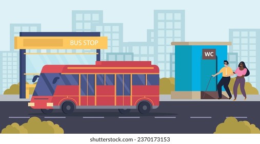 Public restroom flat composition with bus stop wc vector illustration