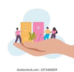 Public restroom flat composition with human hand holding wc door vector illustration