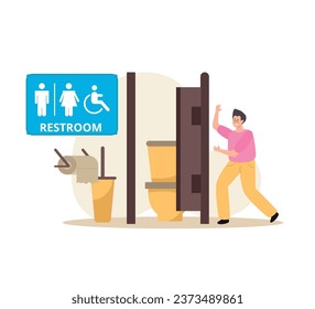 Public restroom flat composition with man near lavatory door vector illustration