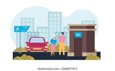 Public restroom flat composition with old woman near outdoor wc vector illustration