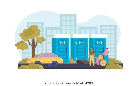 Public restroom flat composition with people in front of outdoors plastic toilets vector illustration