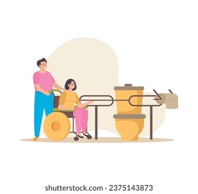 Public restroom flat composition with woman in wheelchair vector illustration