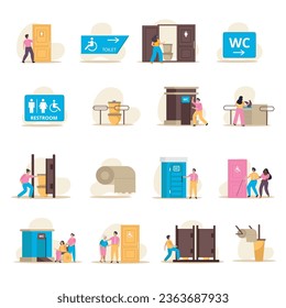 Public restroom flat icons set with sanitary symbols for different people isolated vector illustration