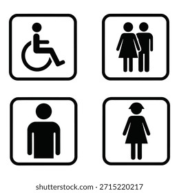Public Restroom Icons Set Vector, Male Female and Wheelchair Accessible Toilet Symbols, Bathroom Signage Pictograms, Black and White Minimal Design
