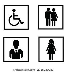 Öffentliche Toilette Symbole Set Vektor, Männlich Weiblich und Rollstuhl zugänglich Toilette Symbole, Badezimmer Beschilderung Piktogramme, Schwarz und Weiß Minimal Design