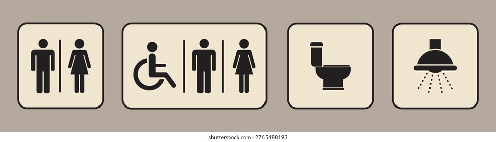 Public Restroom Sign Icon Set with Male Female Toilet Symbols, Wheelchair Accessible Bathroom Pictogram, WC Toilet and Shower Signs on Beige Background, Flat Minimal Vector Style for Facilities, Hygiene and Wayfinding.