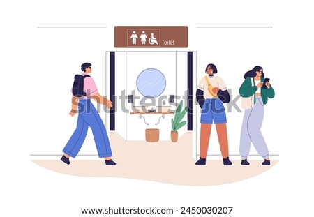 Public restroom, toilet. Male and female WC room. Common entrance to closet for men, women. People waiting near washroom, lavatory, latrine. Flat vector illustration isolated on white background