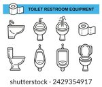 Public restroom toilet seat, bidet, male urinal bowl, lavatory or bathroom sanitary plumbing line icon set. Paper tissue towel roll. Body hygiene. Water closet. Home washroom ceramic equipment. Vector