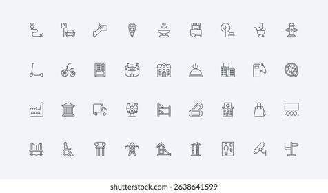 Public road and bridge, hospital and amusement park thin black outline symbols vector illustration. Urban infrastructure and city buildings, business skyscrapers and transport line icon set