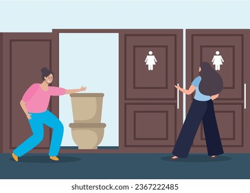 Public room flat composition with woman in front of lavatory door vector illustration