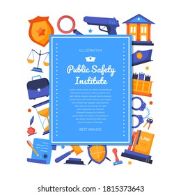 Instituto de seguridad pública - Banner de diseño plano vectorial con espacio de copia para texto. Gavel, báscula de libra, corte, esposas, pergamino, escudo símbolos de crimen e imágenes de castigo. Plantilla de certificado