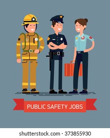 Public safety jobs. Firefighter, policeman and paramedic in flat design, isolated. Emergency service professionals friendly smiling