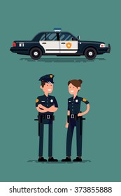 Public safety officer characters with police car vehicle in flat design. City police department design elements