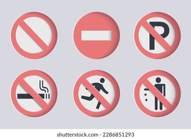 Public safety prohibition signs, with a paper cut out design style.